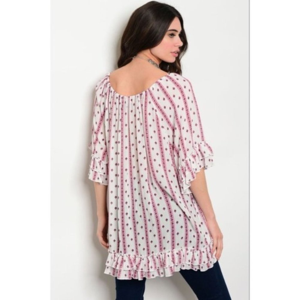 Printed Flowy Short Sleeve Top With Ruffle Detail - Picture 2 of 2